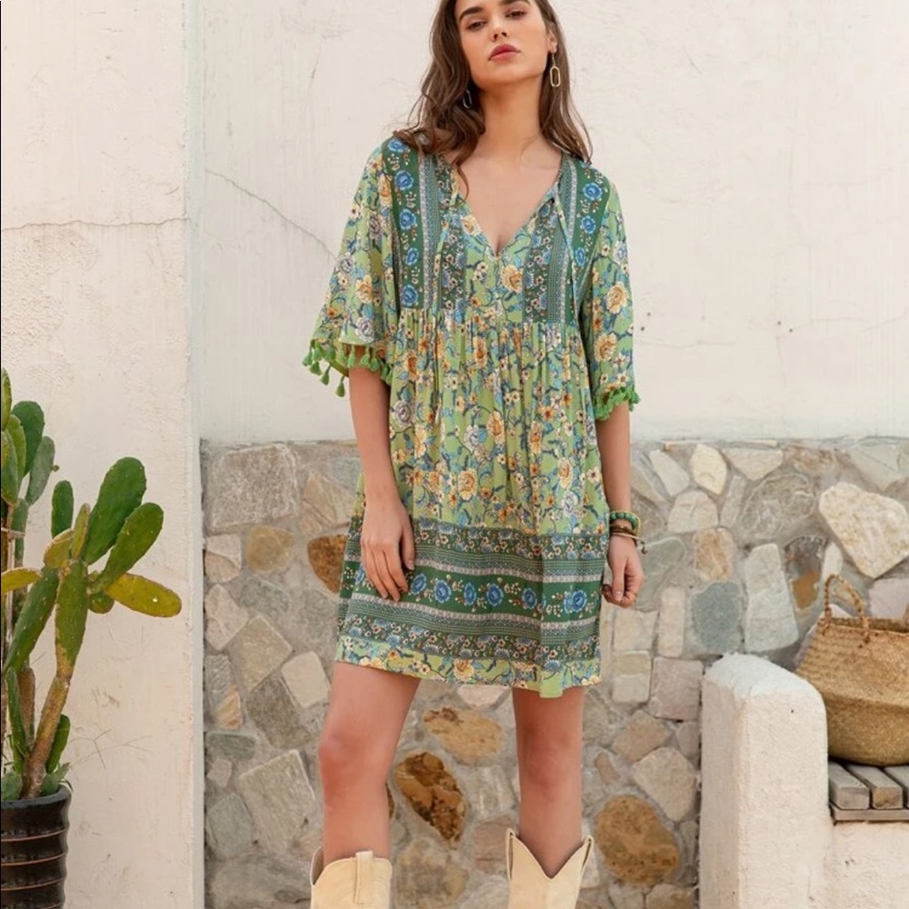 Boho floral print fringe trim dress- BLUE - Picture 10 of 14